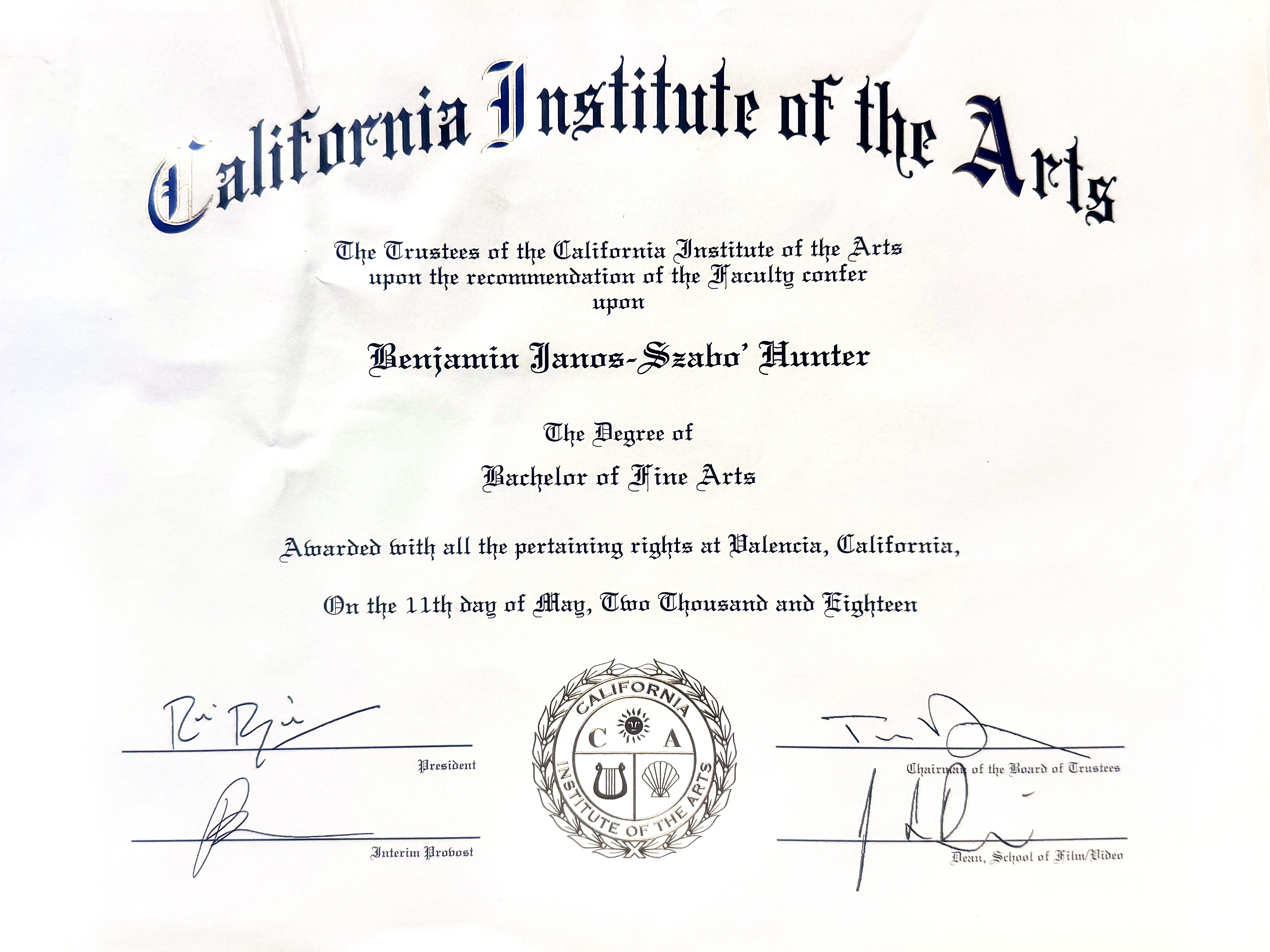 CalArts BFA Degree Certificate