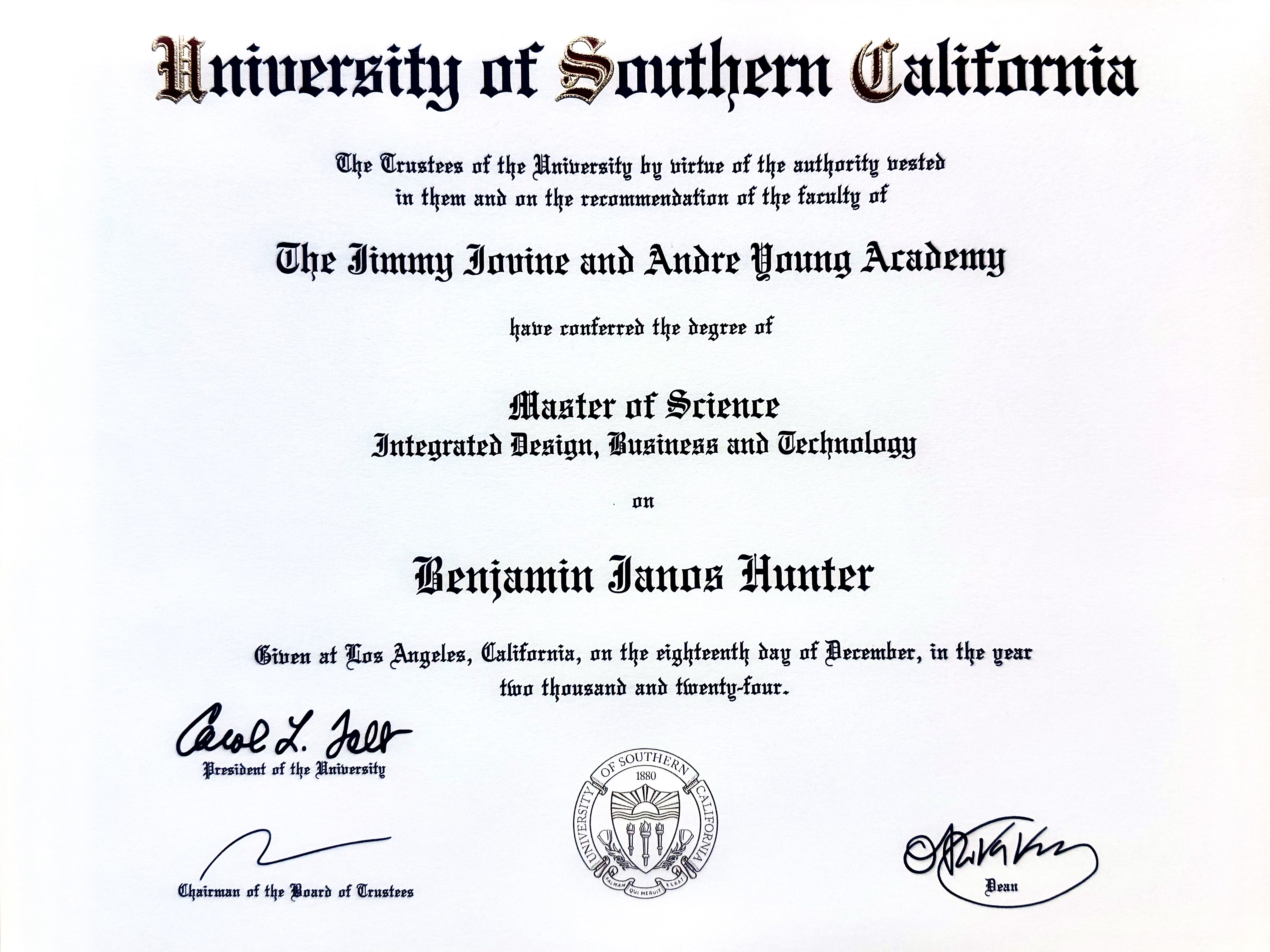 USC Master of Science Degree - Integrated Design, Business & Technology