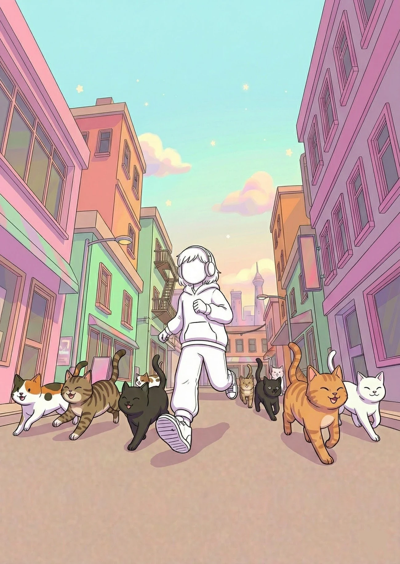 Concept art showing a headphone-wearing figure walking with cats through a pink, mint and lavender city