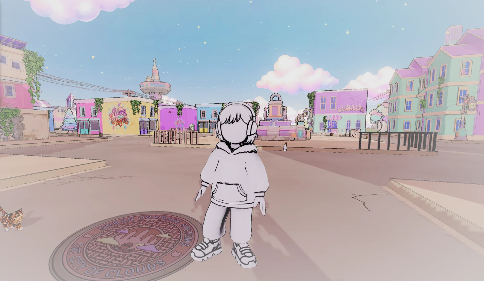 A wide development screenshot of the player exploring the pastel city beneath floating clouds