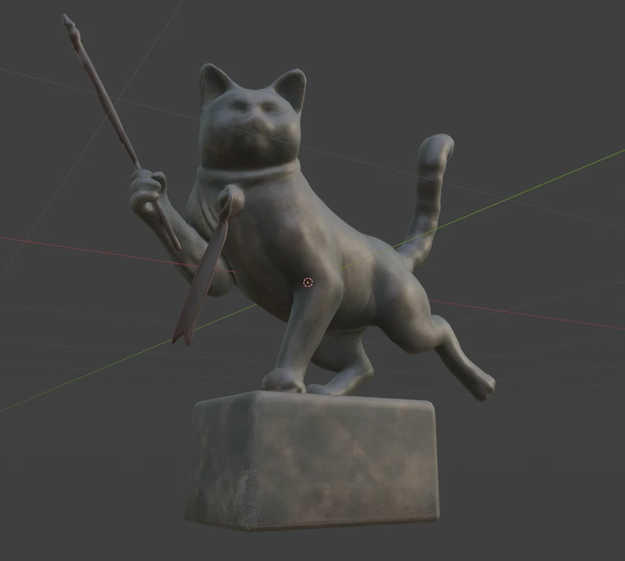 A gray cat statue model on a pedestal, holding a sword and raising one paw