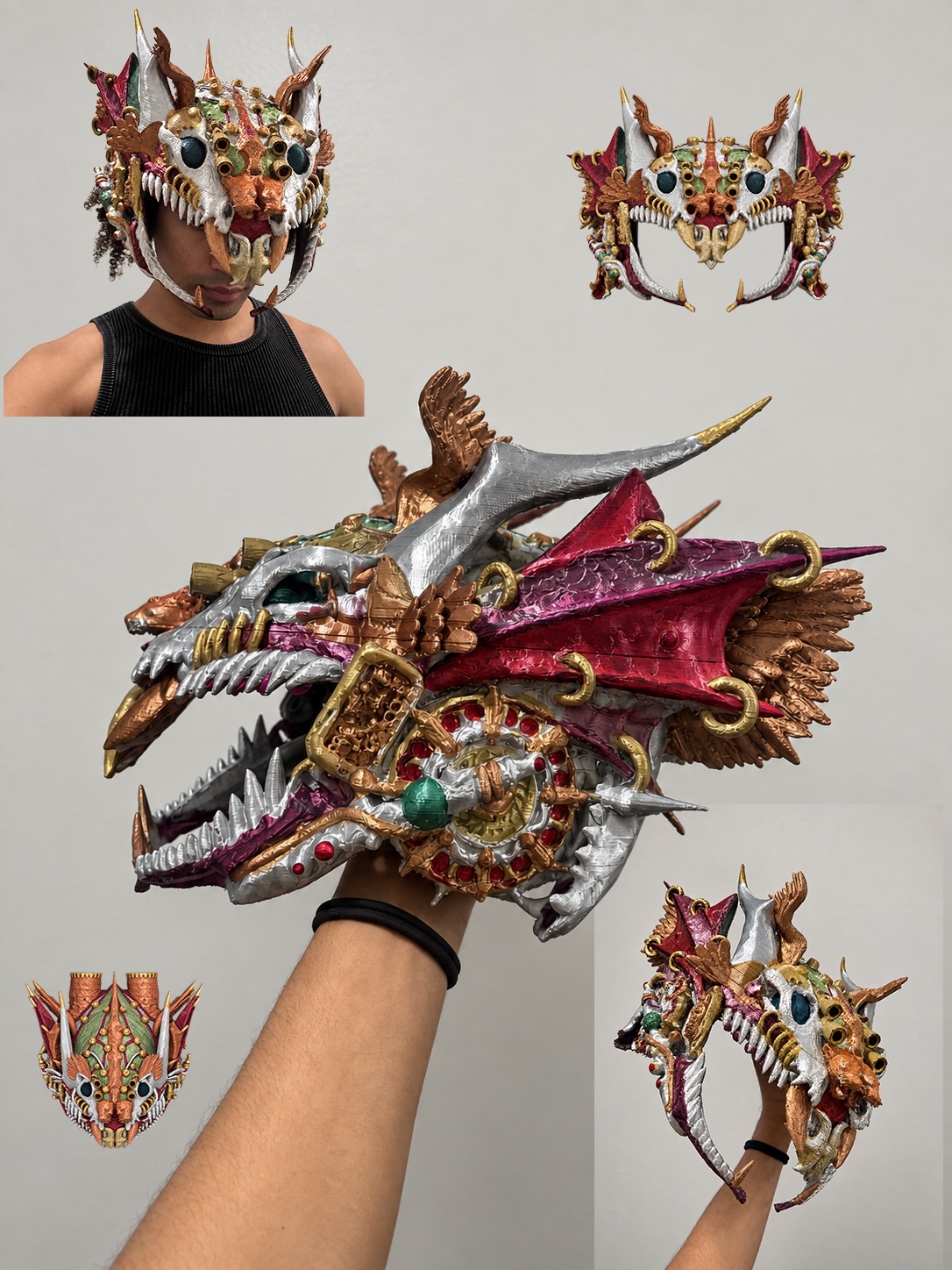 Dis-ARMOUR-Machine painted helmet: worn portrait and detailed views of the multicolored horns, teeth and ornament